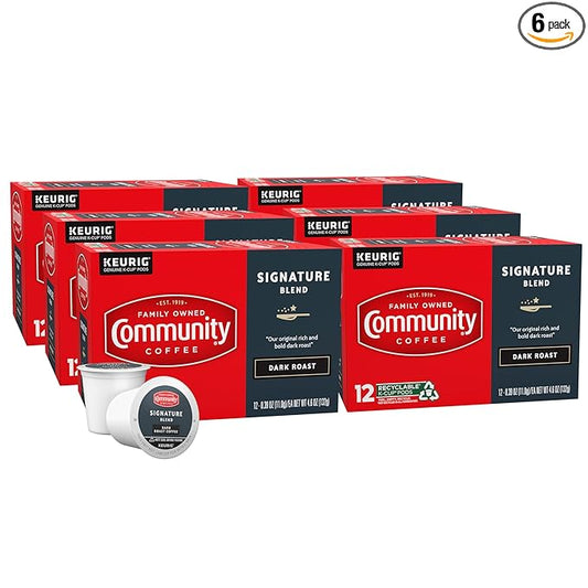 Community Coffee Signature Blend 72 Count Coffee Pods, Dark Roast, Compatible with Keurig 2.0 K-Cup Brewers, 12 Count (Pack of 6)