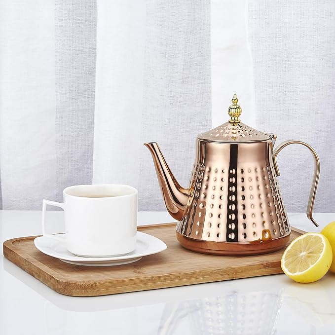 SANQIAHOME 1.2L(40oz) Stainless Steel Hammer Patterned Teapot With Removeable Infuser,Loose leaf cover,Copper