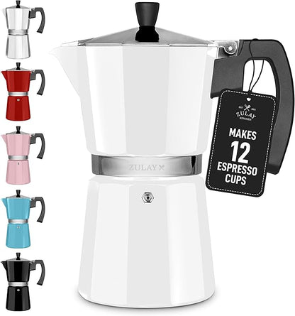 Zulay Moka Pot Espresso Stovetop Coffee Maker - Leak-Proof, Stainless Steel, Easy to Clean, Heat Resistant Handle & Knob - for Authentic Cuban & Italian Style Espresso - Makes 12 Espresso Cups - White