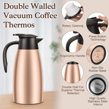 1 PCS 68 OZ Thermal Coffee Carafe, Insulated Stainless Steel Coffee Carafe Double Walled Vacuum Thermal Pot Flask with Brushes Thermos for Keeping Hot Coffee Tea Home and Office (Gold）