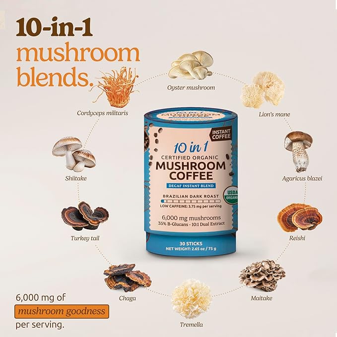 10-in-1 USDA Certified Organic Decaf Mushroom Coffee, Instant Mushroom Coffee Decaf, Brazilian Dark Roast for Better Energy, Focus, Gut Health, 30 Sticks - ShroomDNA