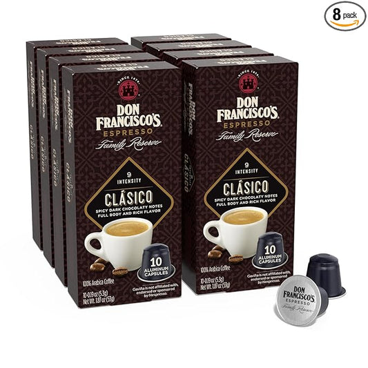 Don Francisco's Clasico Espresso Pods: 80 Recyclable Aluminum Capsules, Intensity 9 Dark Roast, Compatible with Nespresso Original Line Machines - Bold Cuban-Style with Spicy Chocolate Notes