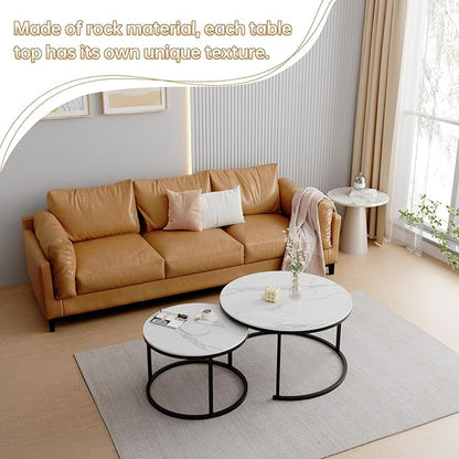 ZL ZELing White Nesting Coffee Table Set of 2, 27'' Round Coffee Table Sintered Stone Top & Metal Frame, End Tables Center Table for Living Room, Small Space