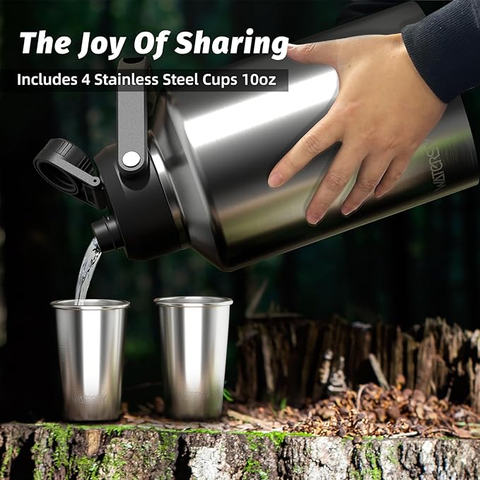 1 Gallon Water Bottle Insulated Comes with Four Stainless Steel Cups and DIY Stickers,BPA Free&Leak Proof,128oz Stainless Steel Water Jug,Big thermo with Handle for Gym,Hiking,Camping&Travel