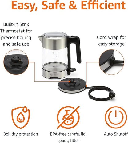 Amazon Basics Electric Kettle with Glass Carafe for Tea and Coffee, BPA-Free, Fast Boiling, Auto Shut-Off, 1.1 Quarts, 1500W, Glass and Steel