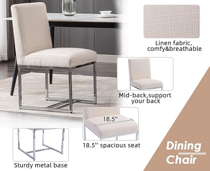 CIMOTA Modern Dining Chairs Set of 4, Upholstered Dining Room Chairs Armless Guest Side Chair with Chrome Base for Dining Room/Kitchen, Beige, 4PCS