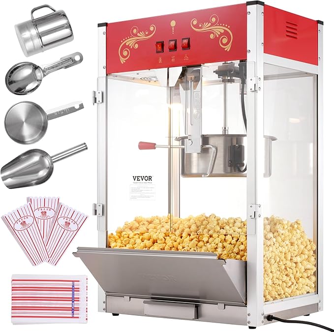 VEVOR Popcorn Maker, 1615W Popcorn Popper Machine, 16 Oz Kettle Large Capacity Countertop Popcorn Maker with Tempered Glass, Includes 3 Stainless Steel Scoops, Movie Theater Style, Red