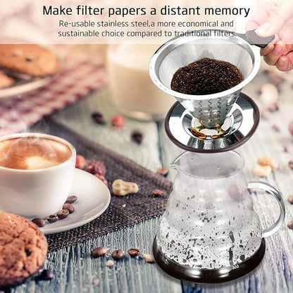 Pour Over Coffee Filter Dripper, Reusable Stainless Steel Metal Drip Coffee Maker Cone, Paperless Permanent Coffee Strainer, Coffee Mesh Filters for 1-4 Cup with Cleaning Brush