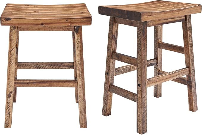 Alaterre Furniture Durango 26-Inch Industrial Wood Counter-Height Stools – Set of 2 Rustic Saddle Seat Bar Stools - Vintage Style with Light or Dark Lacquer Finish for Kitchen Island or Home Bar