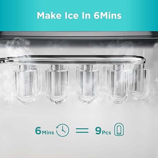 Silonn Ice Makers Countertop, 9 Cubes Ready in 6 Mins, 26lbs in 24Hrs, Self-Cleaning Ice Machine with Ice Scoop and Basket, 2 Sizes of Bullet Ice for Home Kitchen Office Bar Party, Green