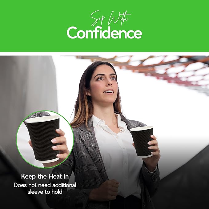 500-CT Disposable Black 12-OZ Hot Beverage Cups with Ripple Wall Design: No Need for Sleeves - Perfect for Cafes - Eco-Friendly Recyclable Paper - Insulated - Wholesale Takeout Coffee Cup