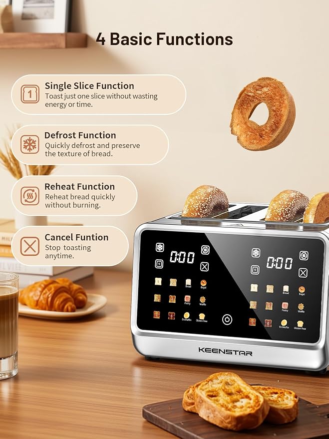 4 Slice Toaster with Touch Screen, Stainless Steel Smart Bread Toaster, 1.5" Wide Slots, 6 Shade Settings & 6 Bread Types for Bagels, Timer, Single Slice Toasting, Reheat, Defrost, 1800W
