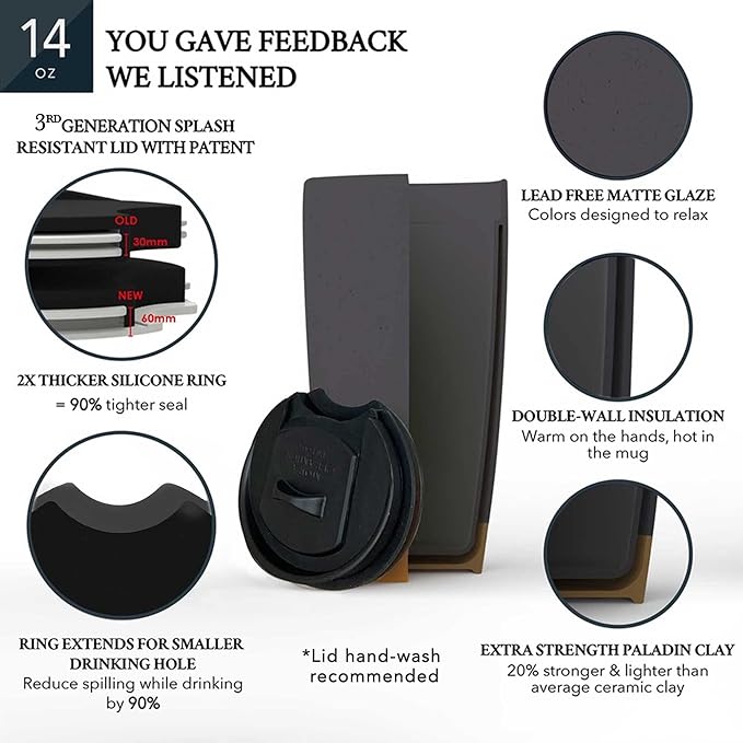 Mora Double Wall Ceramic Coffee Travel Mug with Lid, 14 oz, Portable, Microwave, Dishwasher Safe, Insulated Reusable Tall Cup, Splash Resistant Lid - To Go Tumbler for Car Cup Holder, Nightwaves