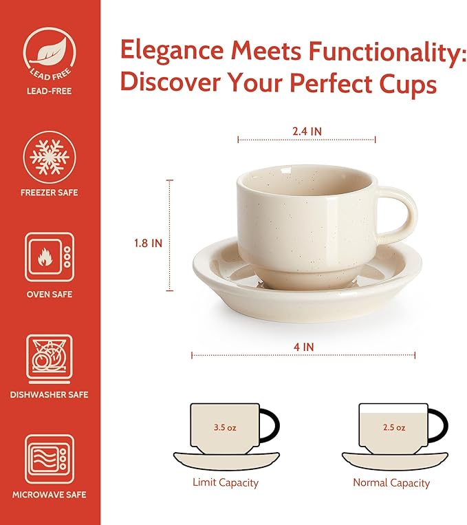 Sweese Porcelain Espresso Cups Set, 2.5 oz, Stackable with Saucers Metal Stand, Beige, 4 Pack