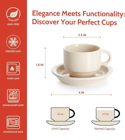 Sweese Porcelain Espresso Cups Set, 2.5 oz, Stackable with Saucers Metal Stand, Beige, 4 Pack