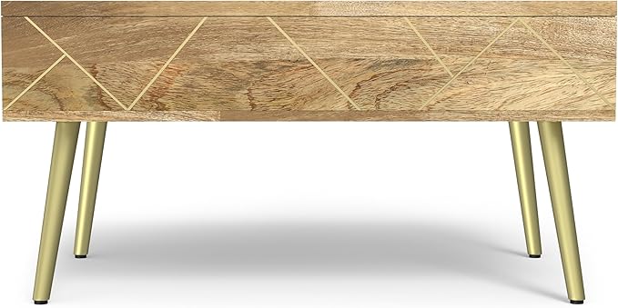 SIMPLIHOME Jager Lift Top Coffee Table - 36 inch Wide Solid Mango Wood Contemporary Modern Cocktail Table in Natural, Stylish Living Room Table with Hidden Storage, Brass Inlay, and Gold Metal Legs