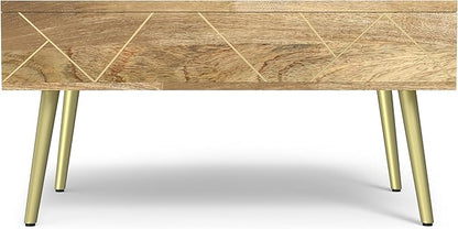 SIMPLIHOME Jager Lift Top Coffee Table - 36 inch Wide Solid Mango Wood Contemporary Modern Cocktail Table in Natural, Stylish Living Room Table with Hidden Storage, Brass Inlay, and Gold Metal Legs