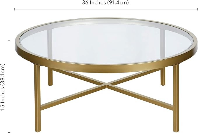 Henn&Hart 36" Wide Round Coffee Table with Glass Top in Brass, Modern coffee tables for living room, studio apartment essentials