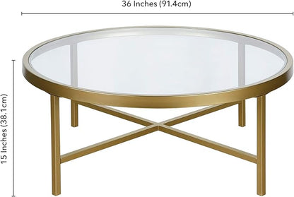 Henn&Hart 36" Wide Round Coffee Table with Glass Top in Brass, Modern coffee tables for living room, studio apartment essentials