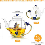 Load image into Gallery viewer, 46oz/1300ml Enamel Glass Teapot With Rose Flower Butterfly And Gold Edge,Blue Rose Teapot With Infuser And Lid For Mom,Women,Mother,Birthday