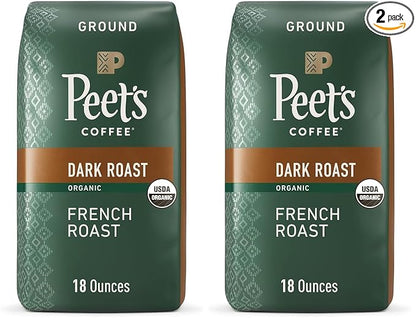 Peet's Coffee, USDA Organic Dark Roast Ground Coffee - French Roast 36 Ounces (2 Bags of 18 Ounces)