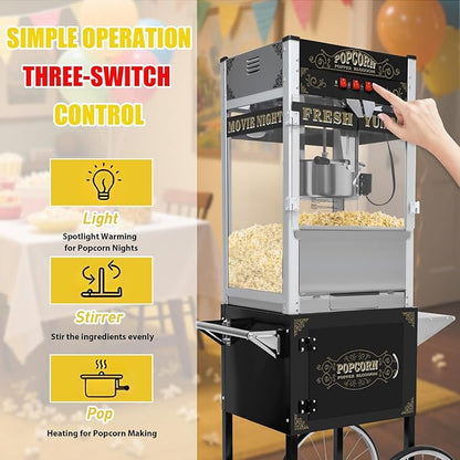 20oz Popcorn Machine with Cart, Wheels & Stainless Steel Kettle, Vintage Movie Theater Style, Popcorn Maker Machine for Parties, Events, Home & Commercial Use, Black
