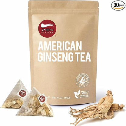 Zen Ginseng Tea 30 ct Triangle Teabags. American Ginseng Tea 花旗参三角茶包 Boosts Body Energy, Immunity and Stamina.