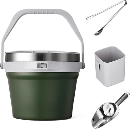 COKTIK 7L Vacuum Insulated Ice Bucket with Lid and Scoop& Tongs，Large capacity Stainless Steel Beverage Bucket for Cocktail, Champagne, Wine, Beer，Large Parties（Army Green Suit）