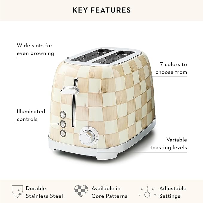 MACKENZIE-CHILDS 2-Slice Toaster, Decorative Toaster for Kitchen, Brown-and-White Mocha Check