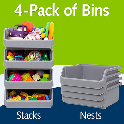 Plastic Containers for Organizing and Storage Bins for Closet, Kitchen, Office, Garage or Pantry Organization, Stackable Bins, Extra Large (14.8" x 16.5" x 7"), 4-Pack, Grey