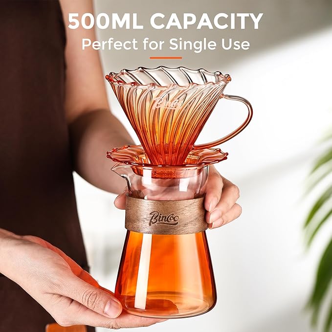 Bincoo Pour Over Coffee Maker Set - 500ML Glass Coffee Server,Glass Carafe with Coffee Dripper and 50PCS Paper Filter, Drip Coffee Maker Set for Home Café Restaurant (Orange)