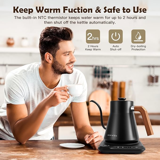 ECORELAX Gooseneck Electric Kettle, ±1℉ Temperature Control Pour Over Kettle for Coffee, Tea & Water, Stainless Steel 1200 W Keep Warm OLED Display 1 L (Black)