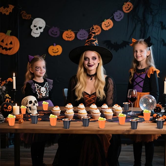 100 Pack 2 oz Plastic Shot Glasses Disposable Shot Cups, Mini 2oz Party Cups for Halloween, Birthday, Wedding, Bachelorette Party, Baby Shower Supplies (Orange, Black)