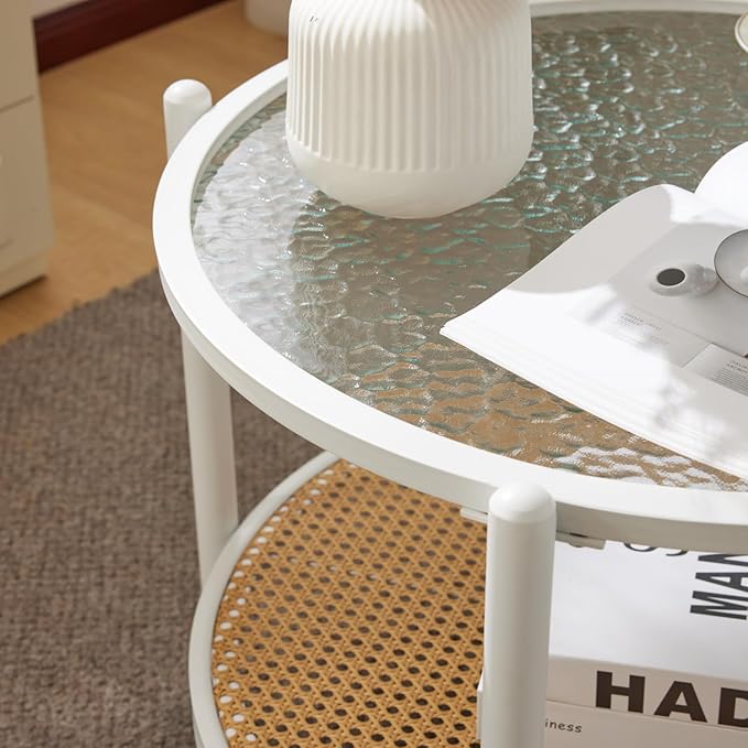 VINGLI 25.6" Coffee Table for Living Room, Round Water-Wave Glass Metal Center Table, Modern Rattan Coffee Table with 2-Tier Storage, Farmhouse Circular End Table for Small Space, White