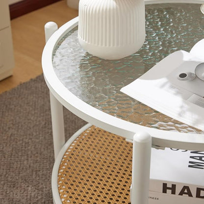 VINGLI 25.6" Coffee Table for Living Room, Round Water-Wave Glass Metal Center Table, Modern Rattan Coffee Table with 2-Tier Storage, Farmhouse Circular End Table for Small Space, White