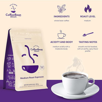 Coffee Bean Direct Medium Roast Espresso, Whole Bean Coffee, Medium Roast, 1 Pound Bag (Pack of 1)