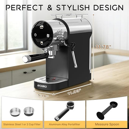 20 Bar Espresso Machine, Compact Espresso Maker with Milk Frother, Touchscreen Latte Maker with Detachable Drip Tray/Water Tank, Built-in Handle for Home and Office Use