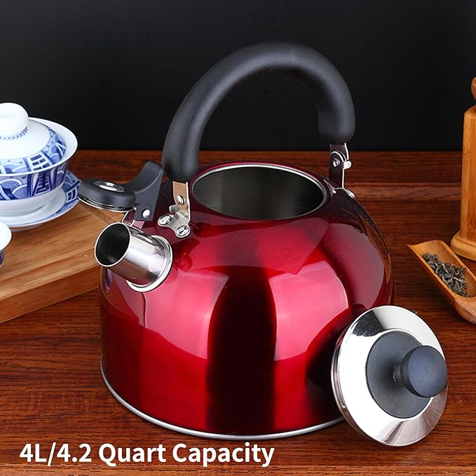 3.75 Quart/4L Whistling Tea Kettle,Stainless Steel Teakettle Teapot for Stovetop,Vintage Tea Kettles with Touch Ergonomic Handle(Red)