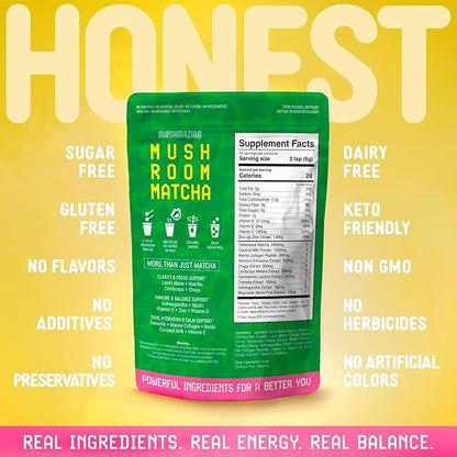 Mushroom Matcha + Lions Mane, Ashwagandha, Collagen – Clean Energy & Focus – Ceremonial Grade Macha Green Tea with 5 Mushrooms Powder – 30 Servings