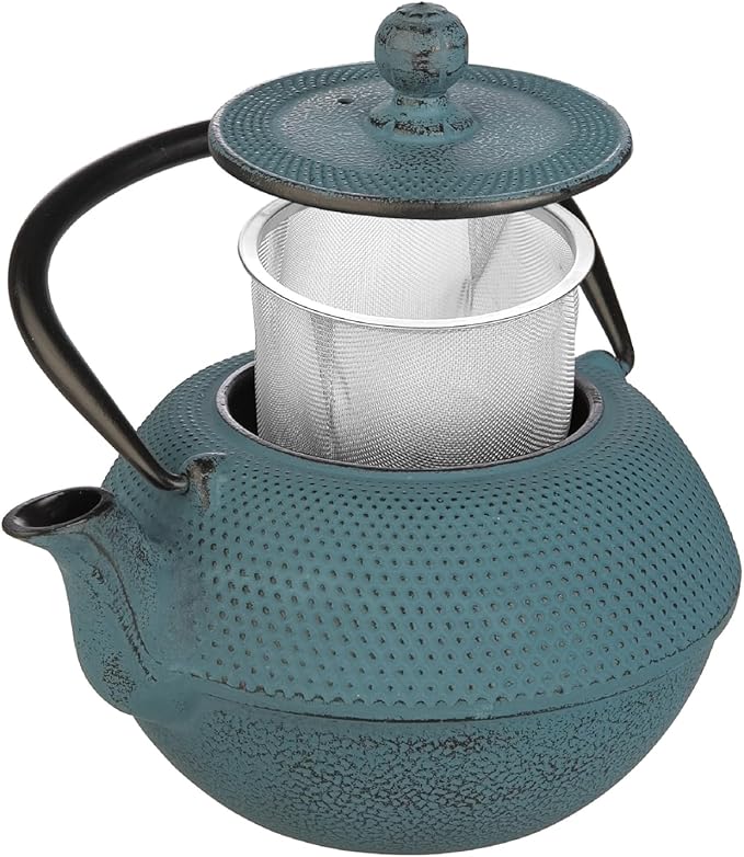 IBILI 40 Oz Azul Cast Iron Teapot | Made in Spain | Floral Design, Stainless Steel Infuser, Enameled Interior, Stovetop & Induction Compatible, Japanese Kettle for Loose Leaf Tea, Tetsubin Design Blue