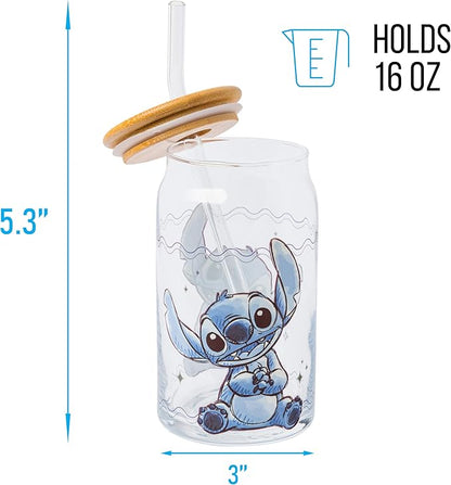 Silver Buffalo Disney Lilo and Stitch Sitting Glass Jar Tumbler with Bamboo Lid and Glass Straw, 16 Ounces