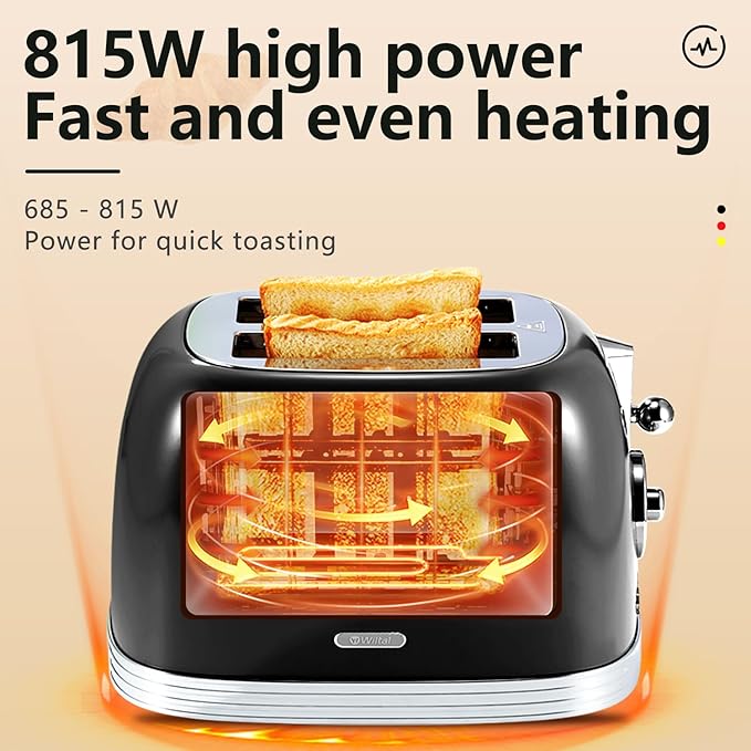 Glossy Black Cute Retro Toaster 2 Slice with 1.58" Wide Slots, Bread toaster with Cover and Warm Rack, Stainless Steel Toaster with Removable Crumb Tray, Preheat, Defrost, Cancel Function