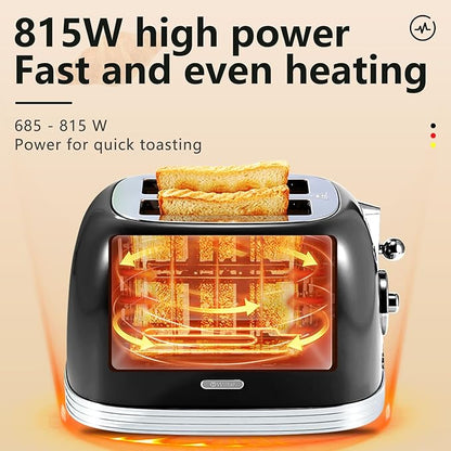Glossy Black Cute Retro Toaster 2 Slice with 1.58" Wide Slots, Bread toaster with Cover and Warm Rack, Stainless Steel Toaster with Removable Crumb Tray, Preheat, Defrost, Cancel Function