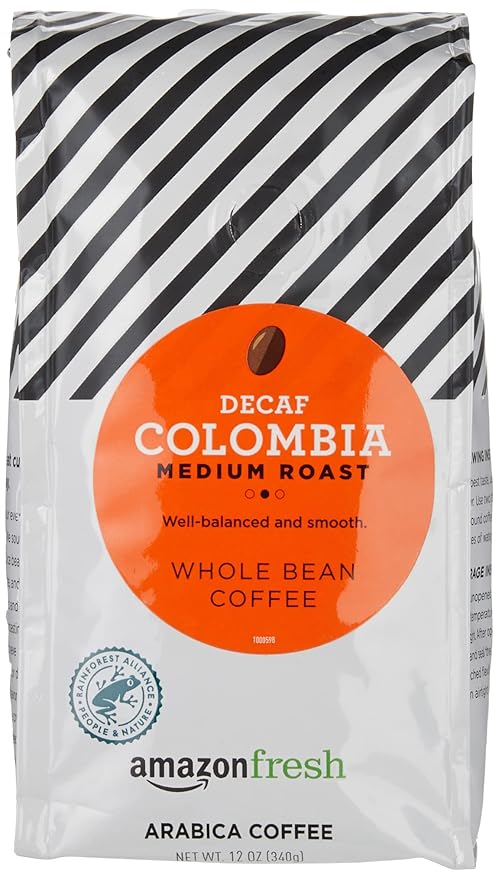 Amazon Fresh Decaf Colombia Whole Bean Coffee, Medium Roast, 12 Ounce