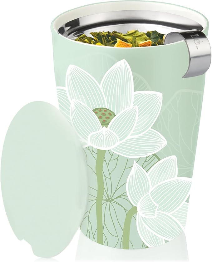 Tea Forte Lotus Double-Walled Ceramic Kati Cup with Removable Stainless Steel Infuser Basket and Lid, Steeps 12 oz Loose Leaf Tea, Lid and Cup Dishwasher & Microwave Safe