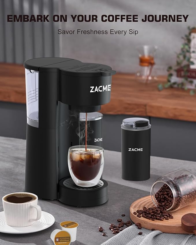 ZACME 4IN1 Single Serve Coffee Maker for K Cup &Ground, Small Coffee Machine with Milk Frother & Grinder, 5 Brew Size, 28oz Water Tank, Adjustable Drip Tray