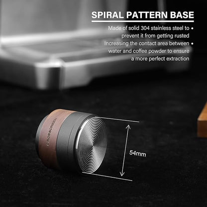 CrossCreek 54mm Espresso Tamper | Slow-Rebound Tamping Tools Fits 54mm Breville Barista Espresso Portafilter | Spiral-Pattern Base | Stainless Steel & Walnut Tamper | Espresso Machine Accessories