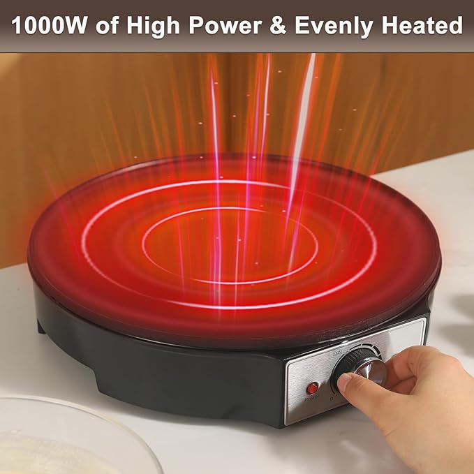 Electric Crepe Maker 12'' & Griddle - Non-Stick Pan With Spreader for Roti, Tortilla, Blintzes, Pancakes - Adjustable Temperature, 1000W