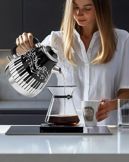 Artistic Electric Kettle with Hand-Applied Piano Keys and Music Note Stickers - 1.7L Stainless Steel Tea Kettle with LED Indicator, BPA-Free, 1200W Rapid Boil, Auto Shut-Off and Boil-Dry Protection
