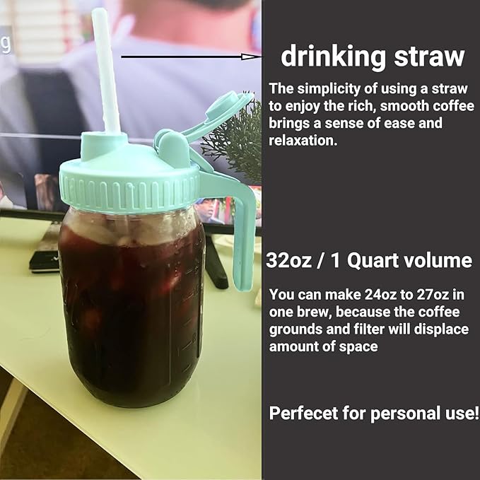 Fermus Cold Brew Coffee Maker, 32oz / 1Quart Glass Pitcher with Stainless Steel Filter and Pour Spout Handle Lid, Mason Jar for Making Cold Coffee, Fruit Drinks, Sun Tea (1, 32 Ounces)